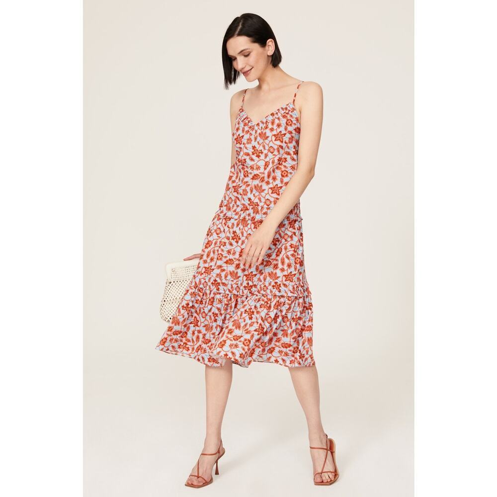 DEREK LAM 10 CROSBY Blue Orange Floral Vines V-Neck Drop Waist Midi Dress 40